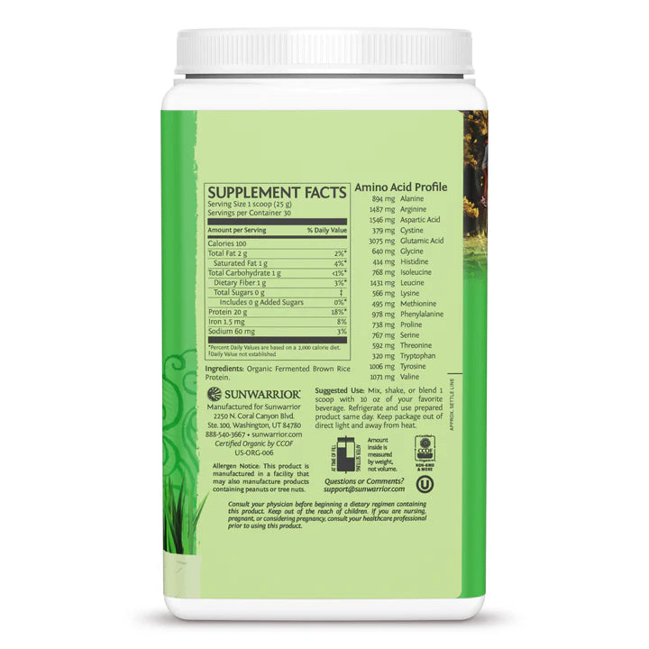 ack of Sunwarrior brown rice protein powder showing ingredient list.