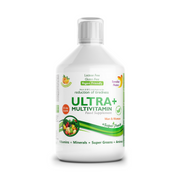 Front image: Swedish Nutra Ultra+ multivitamin liquid orange flavour 500ml bottle