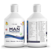 Two bottles of 50+ Man Multivitamin supplement on a white background