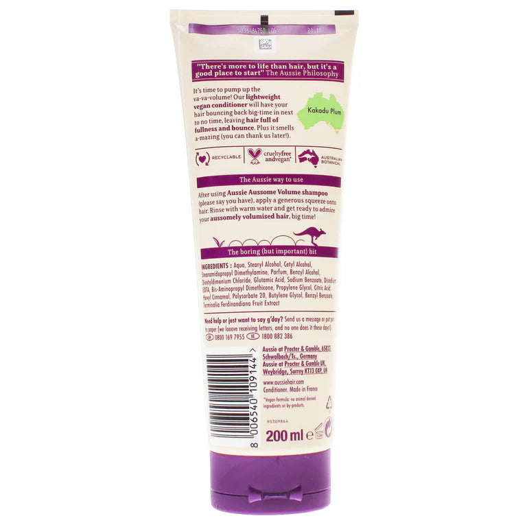 Aussie Aussome Volume Conditioner ingredient and barcode label with Australian Kakadu Plum extract 200ml