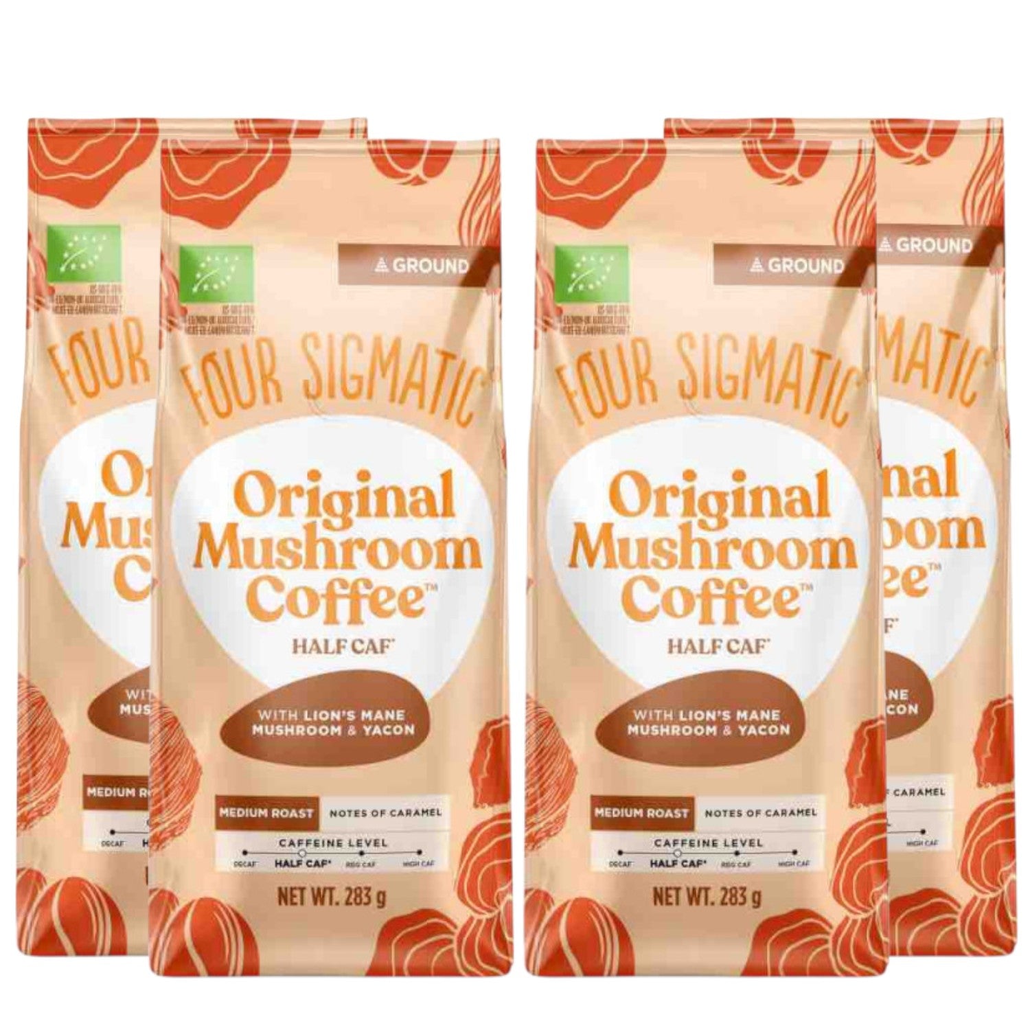 Four Sigmatic Original Mushroom Half Caf Ground Coffee 283g, 2 pouches front packaging on white background