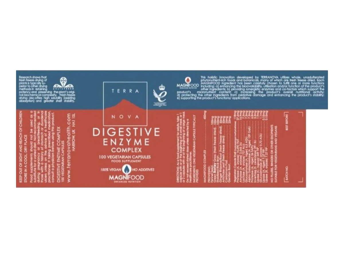 Supplement facts & ingredients image: Terranova Digestive Enzyme Complex supplement facts ingredients vegan capsules 100 count