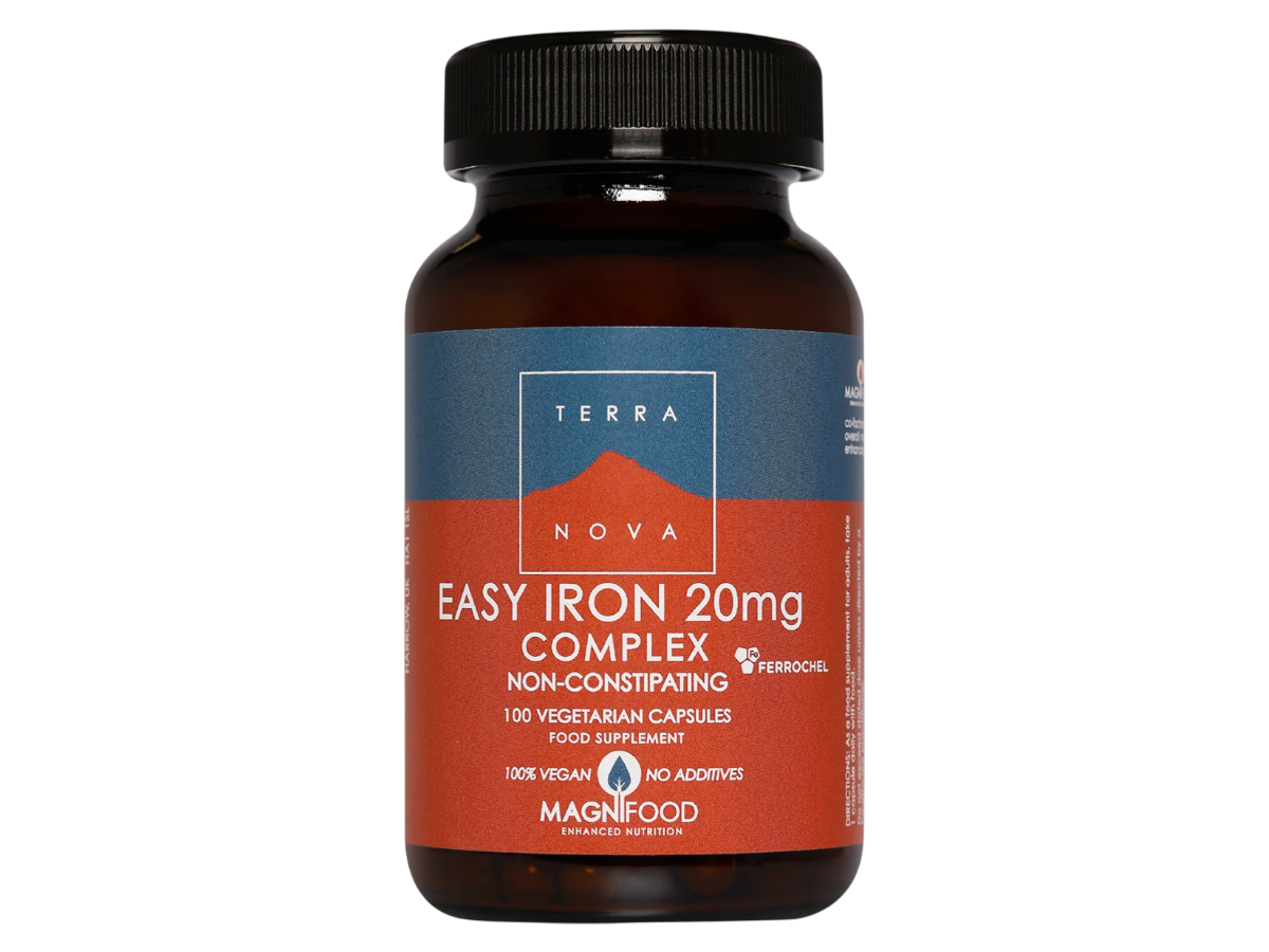 Front image: Terranova Easy Iron 20mg Complex capsules bottle vegan 100 count
