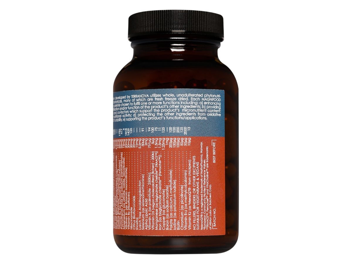 Supplement facts & ingredients image: Terranova Full-Spectrum Multivitamin Complex supplement facts ingredients vegan capsules 100 count