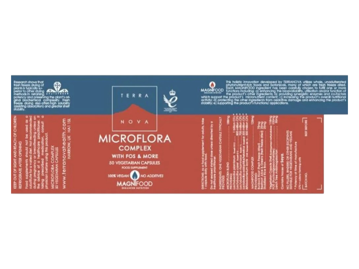 Supplement facts & ingredients image: Terranova Microflora Complex with FOS supplement facts ingredients vegan probiotic capsules 50 count