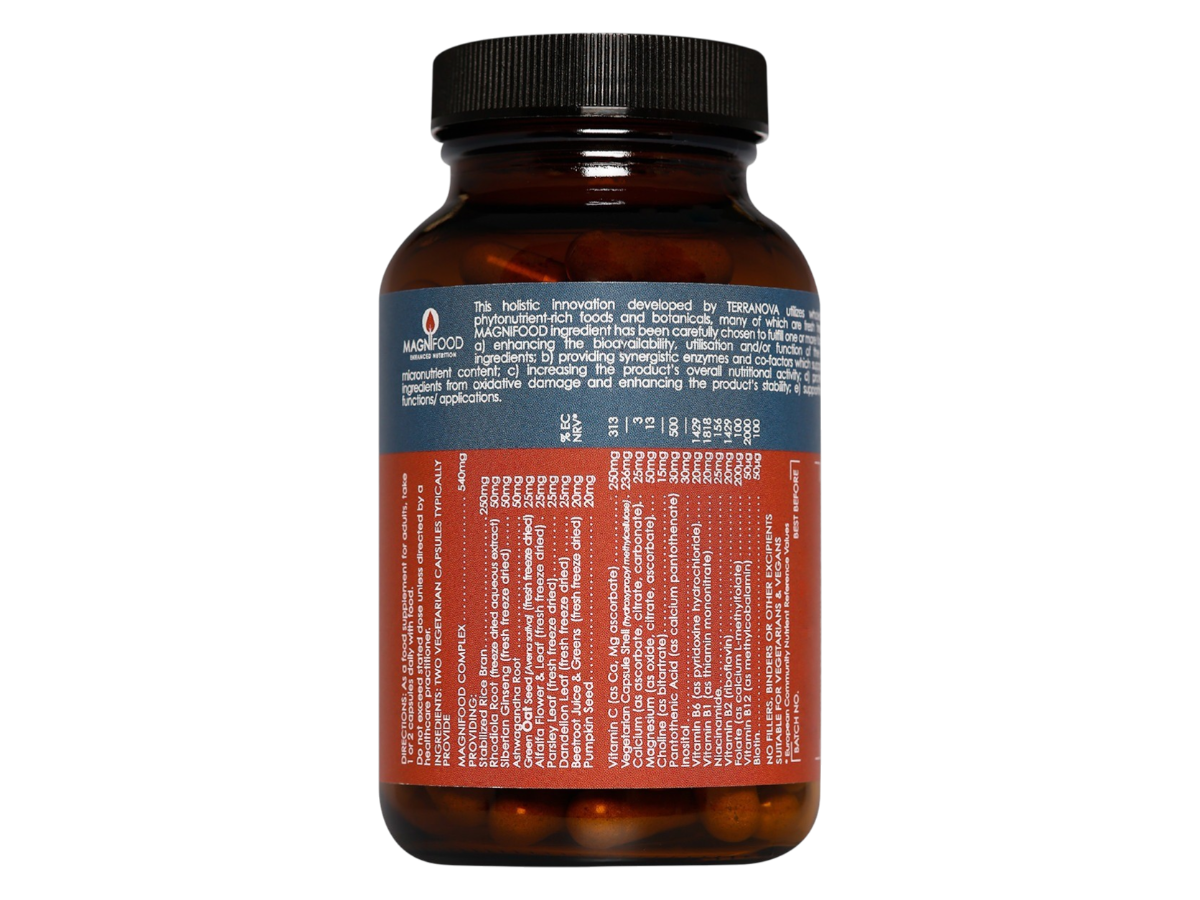 Supplement facts & ingredients image: Terranova B-Complex with Vitamin C supplement facts ingredients vegan capsules 100 count