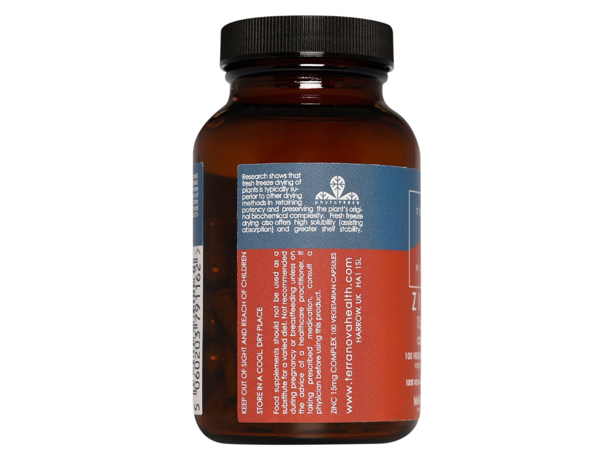 Back image: Terranova Zinc 15mg Complex capsules bottle vegan 100 count