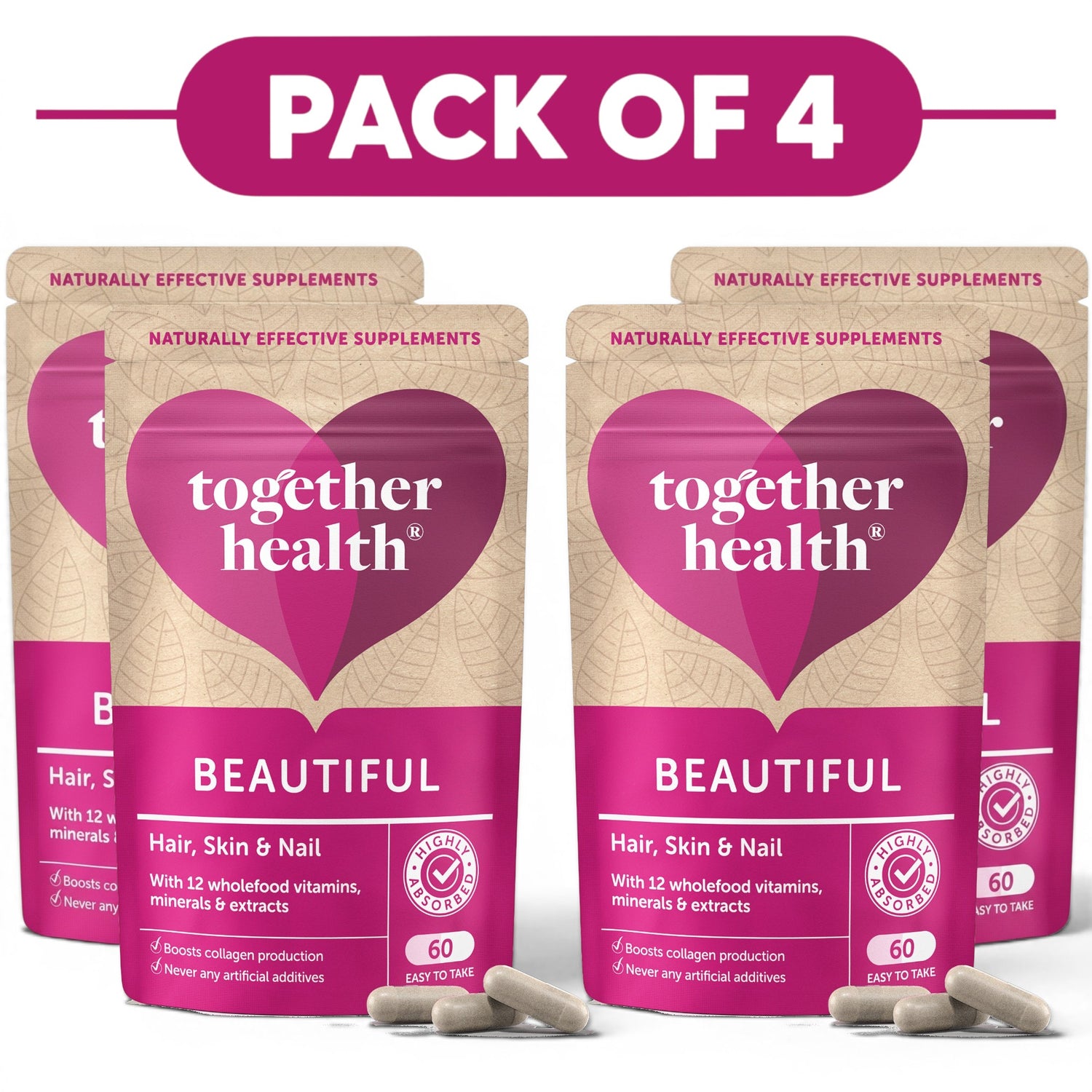 Together Health Beautiful Hair Skin & Nail Vitamins 60 Capsules Pack of 4