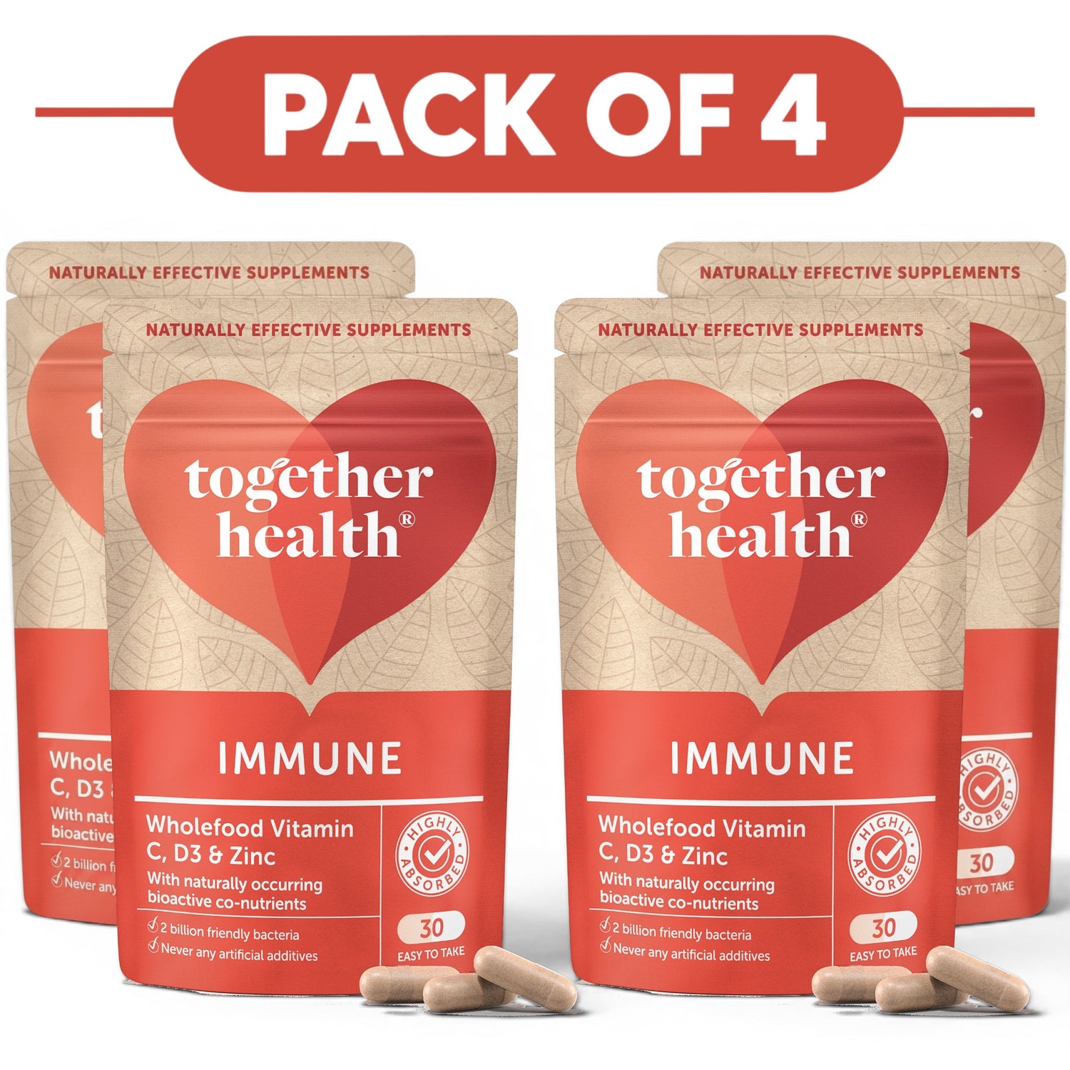 Together Health Immune Wholefood Vitamin C D3 & Zinc 30 Capsules Pack of 4