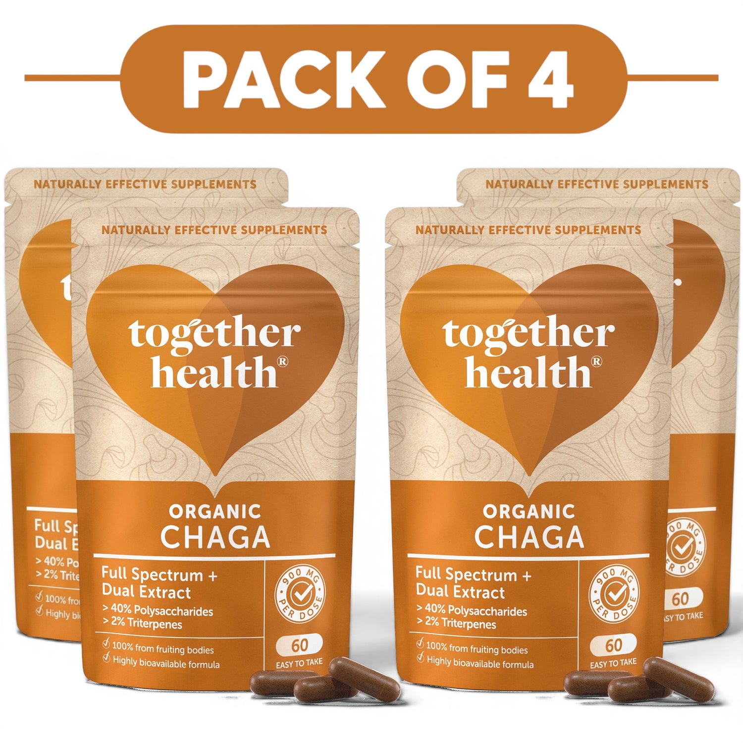 Together Health Organic Chaga 900mg Dual Extract 60 Capsules Pack of 4