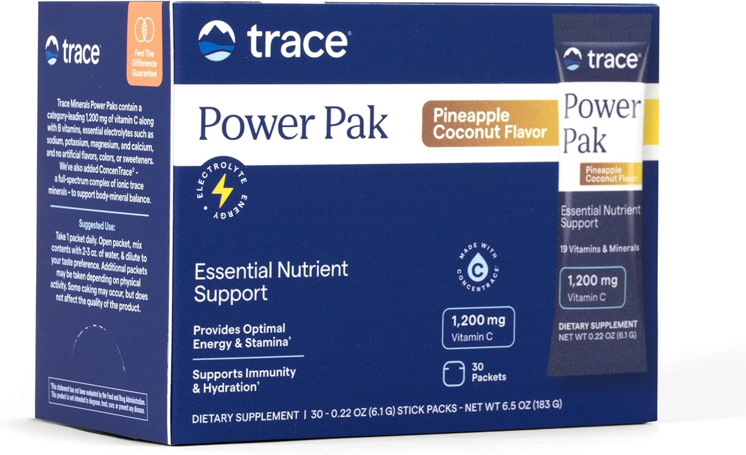 Front Image: Trace Minerals Power Pak pineapple coconut powder packets box 30 count