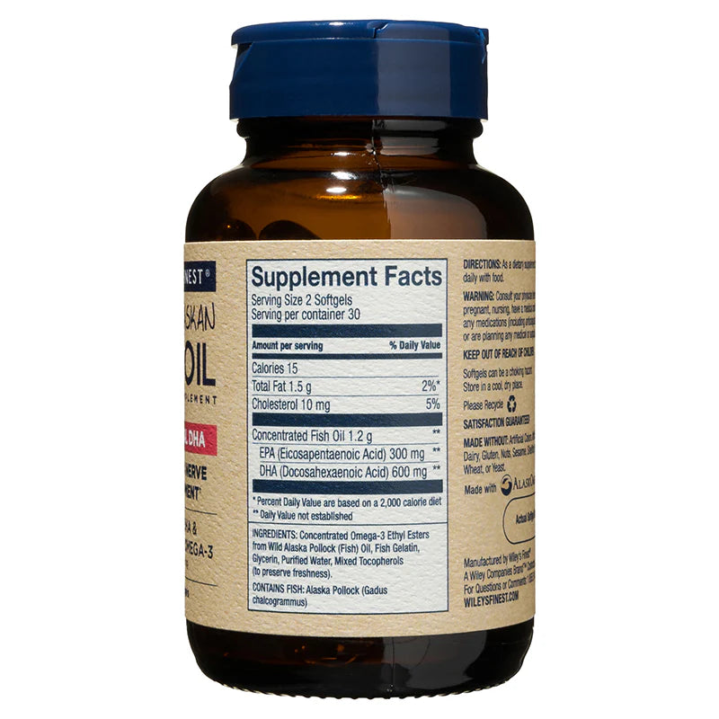 Supplement Facts & Ingredients Image: Wiley's Finest prenatal DHA omega-3 ingredients label 60 softgels bottle