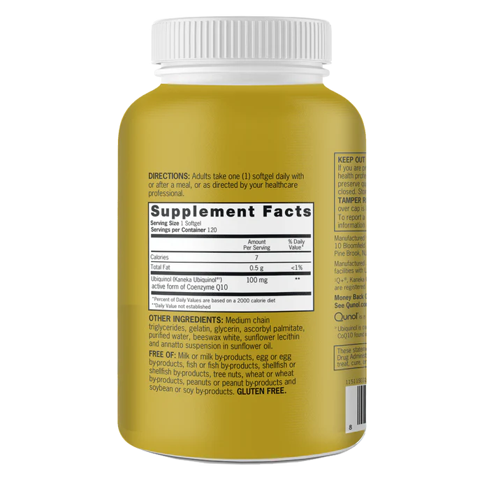 Qunol Ubiquinol 100 mg 120 count supplement facts and ingredients label