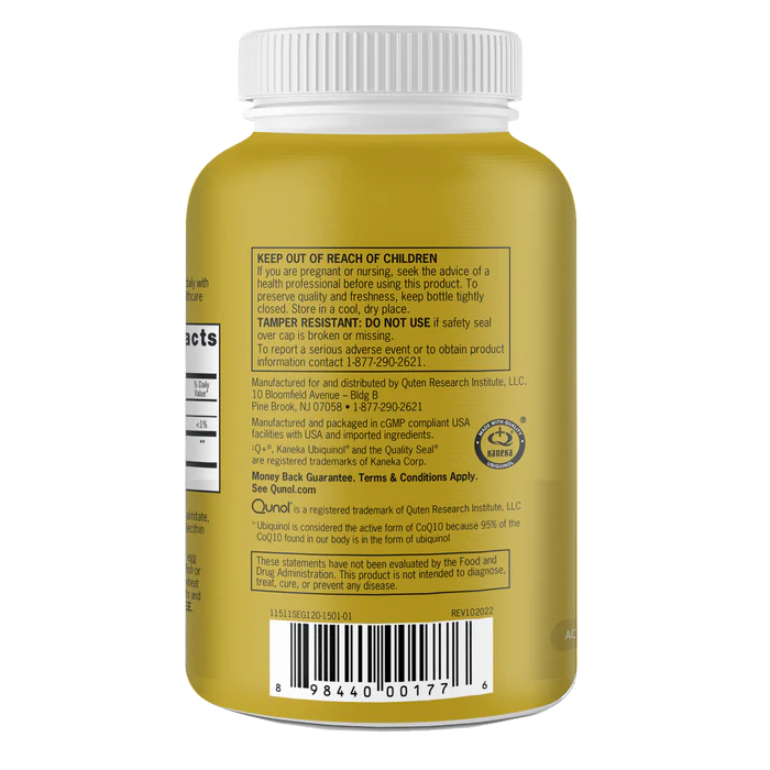 Qunol Ubiquinol 100 mg 120 count back label showing barcode