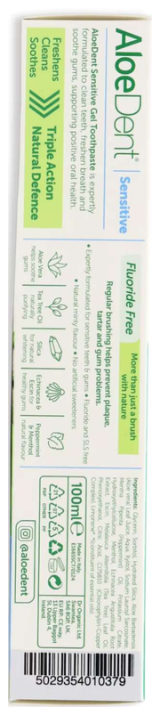 Back Image: Aloe Dent Aloe Vera sensitive toothpaste fluoride free vegan 100ml box