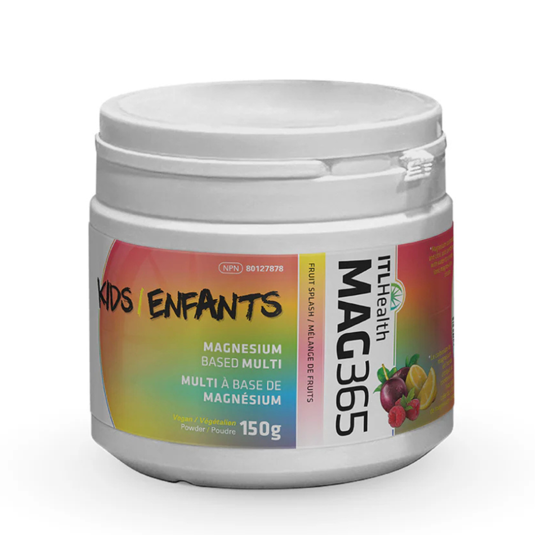 MAG365 Kids Magnesium Multi Powder tub, Fruit Splash flavour, 150g.