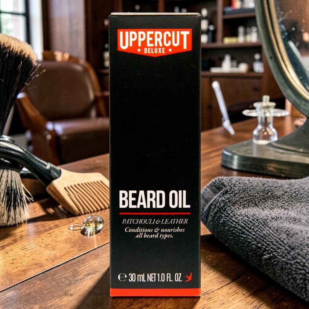 Uppercut Deluxe Beard Oil 30ml bottle lightweight grooming oil box packaging