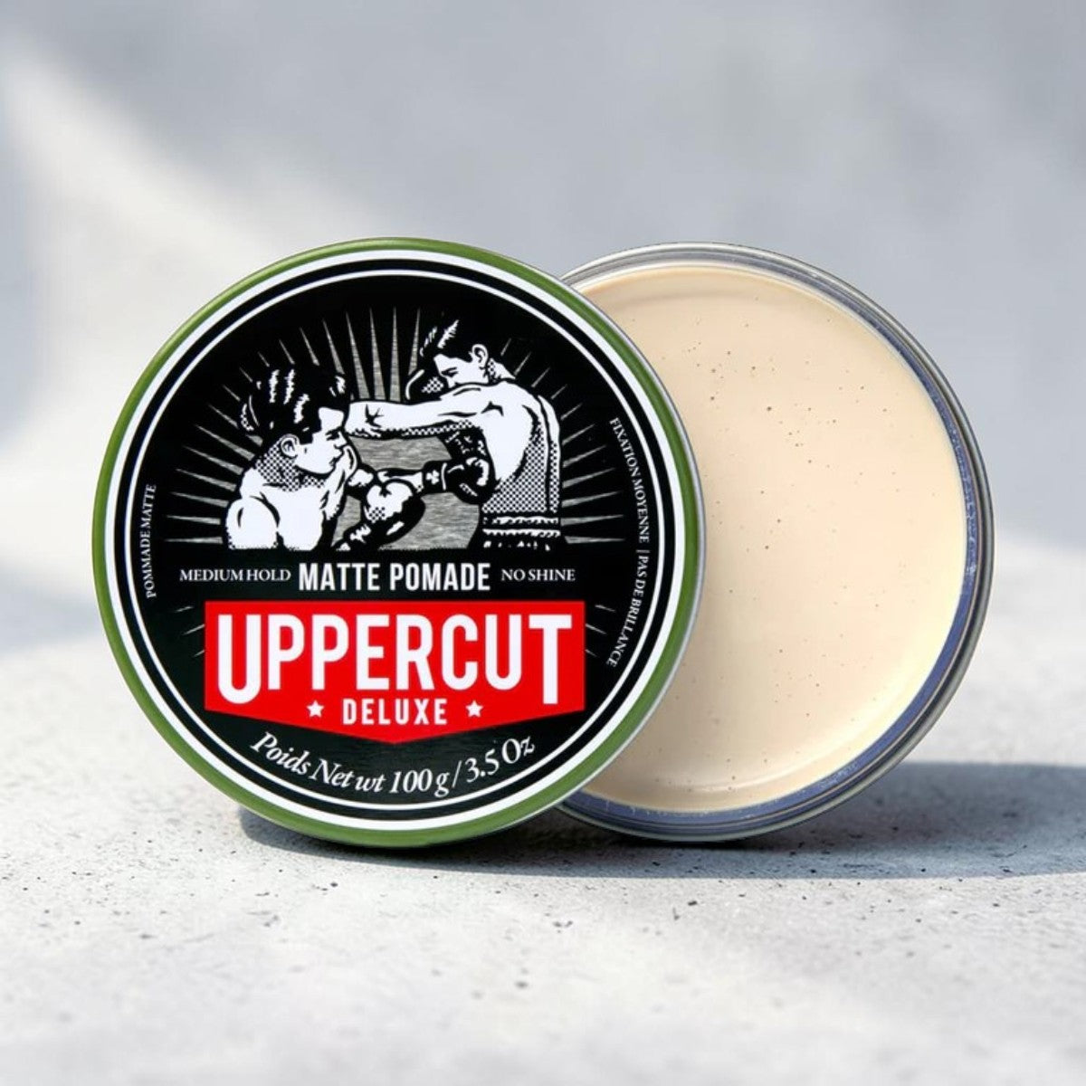 Uppercut Deluxe Matte Pomade 100g tin medium hold matte styling product packaging