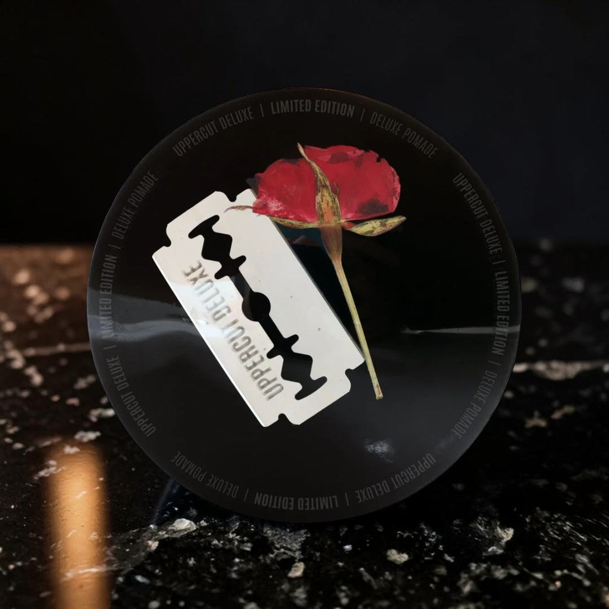 Uppercut Deluxe Resin and Rose Pomade 100g jar strong hold styling product top packaging