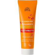 Urtekram Children's Fluoride Free Toothpaste Tutti Frutti, toothpaste tube packaging, tutti frutti flavour, 75ml