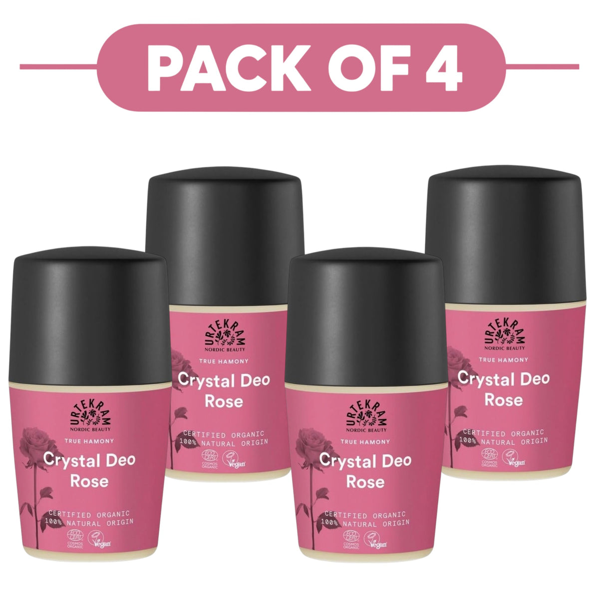 Urtekram Crystal Rose Deodorant Roll On 50ml Pack of 4