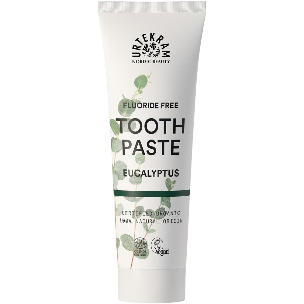 Urtekram Fluoride Free Eucalyptus Toothpaste, toothpaste tube packaging, eucalyptus flavour, 75ml