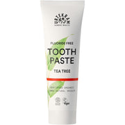 Urtekram Fluoride Free Tea Tree Toothpaste, toothpaste tube packaging, tea tree flavour, 75ml
