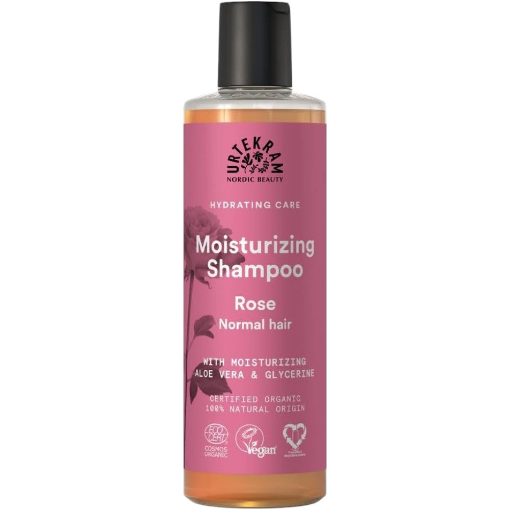 Urtekram Moisturising Rose Shampoo, shampoo bottle packaging, rose fragrance, 250ml