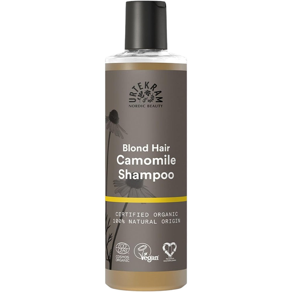 Urtekram Blond Hair Camomile Shampoo, shampoo bottle packaging, mild chamomile fragrance, 250ml