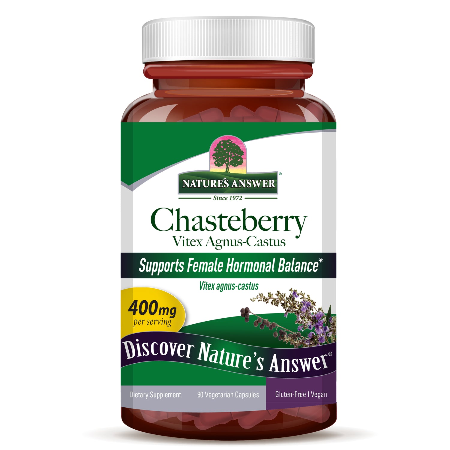 Nature’s Answer Chasteberry Vitex Agnus-Castus 400mg vegetarian capsules 90 count bottle front view on a white background