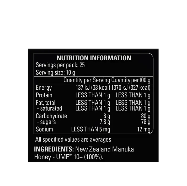 Supplement facts & ingredients image: Comvita Manuka Honey UMF 10+ MGO 263+ nutrition label glass  250g