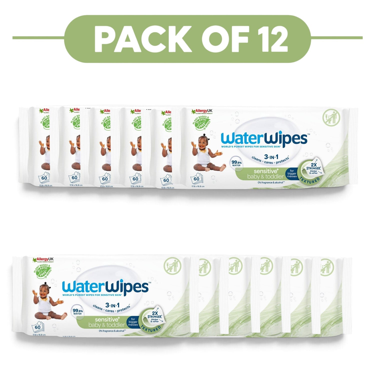 WaterWipes Sensitive+ Baby & Toddler Wipes 99.9% Water 60 Wipes Pack of 12