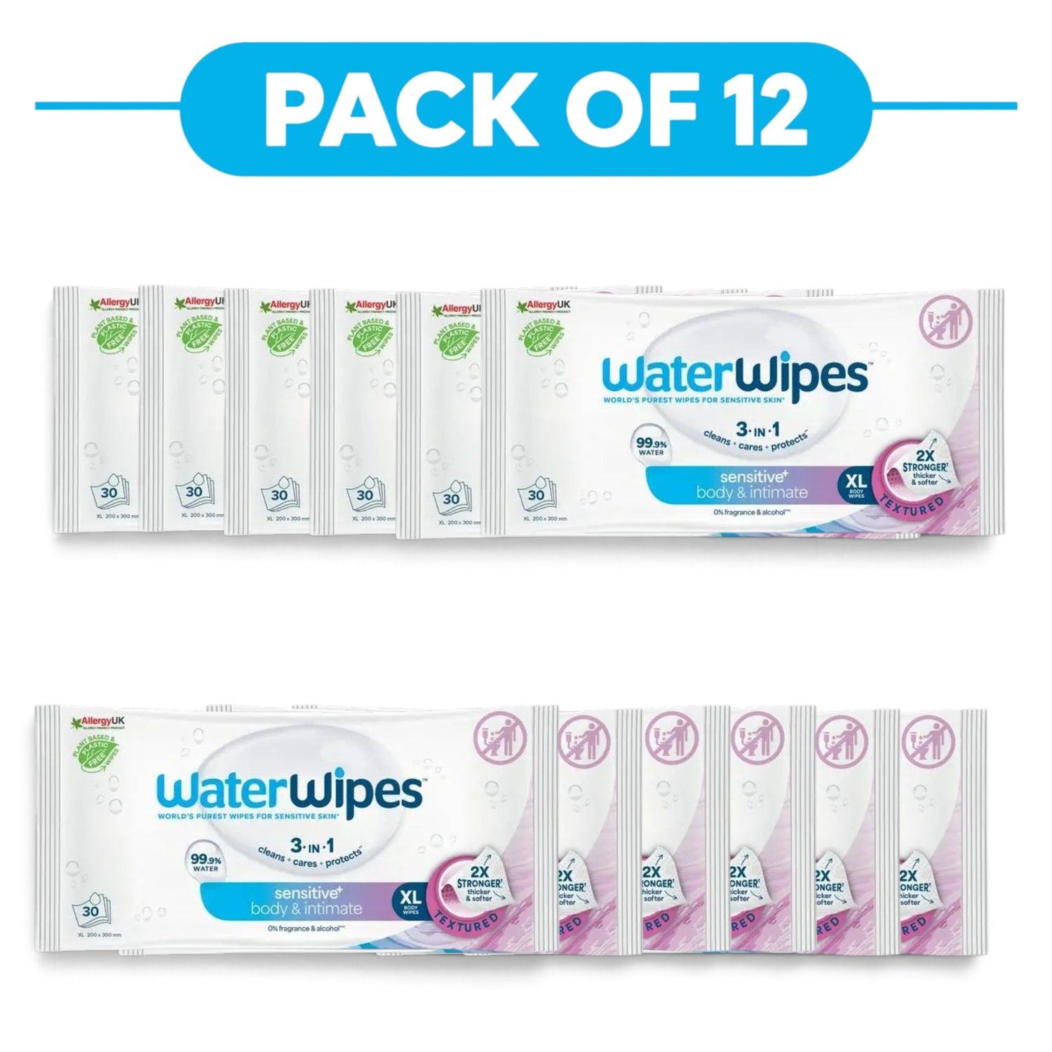 WaterWipes Sensitive+ Body & Intimate XL Wipes 99.9% Water 30 Wipes Pack of 12