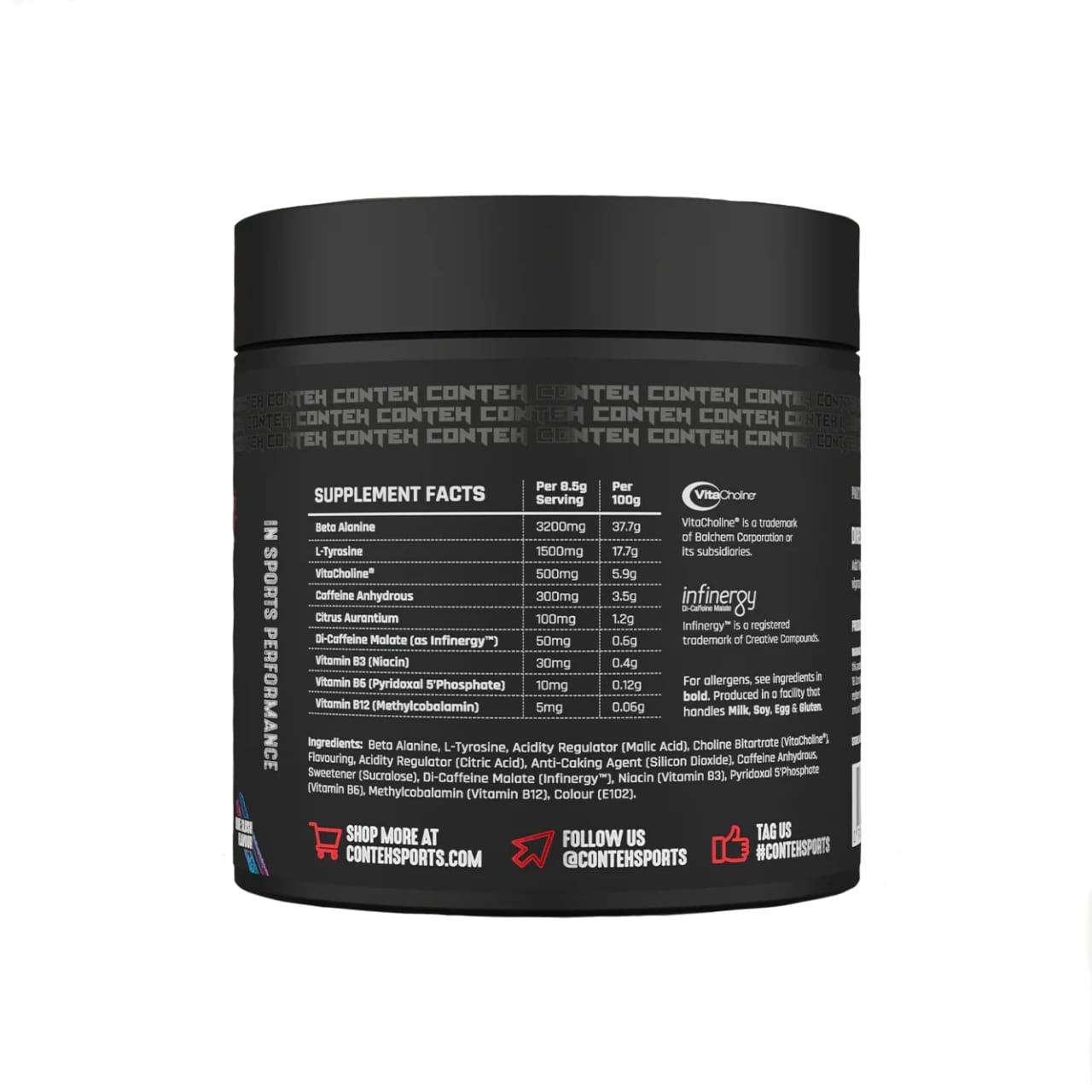 Supplement facts panel with ingredients and caffeine warning for Conteh The Stim.