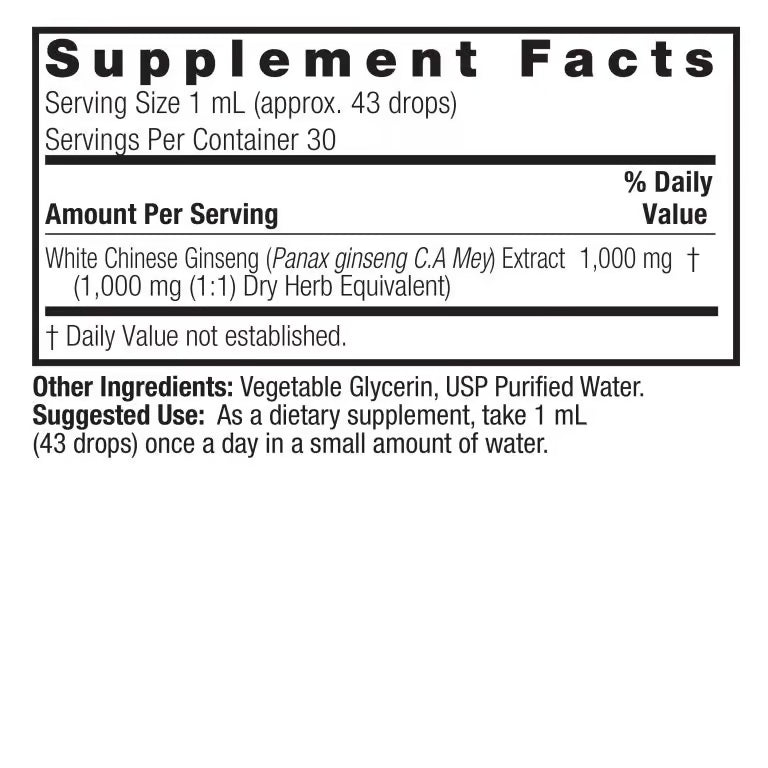 Nature’s Answer White Ginseng Root Liquid Extract 30ml supplement information panel
