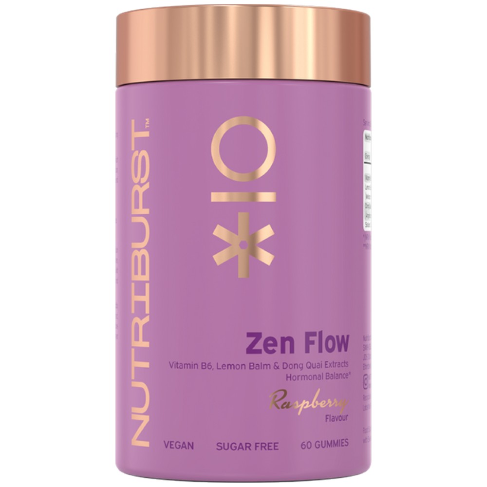 Nutriburst Zen Flo Women's Wellness Gummies bottle, raspberry flavour, 60 count.