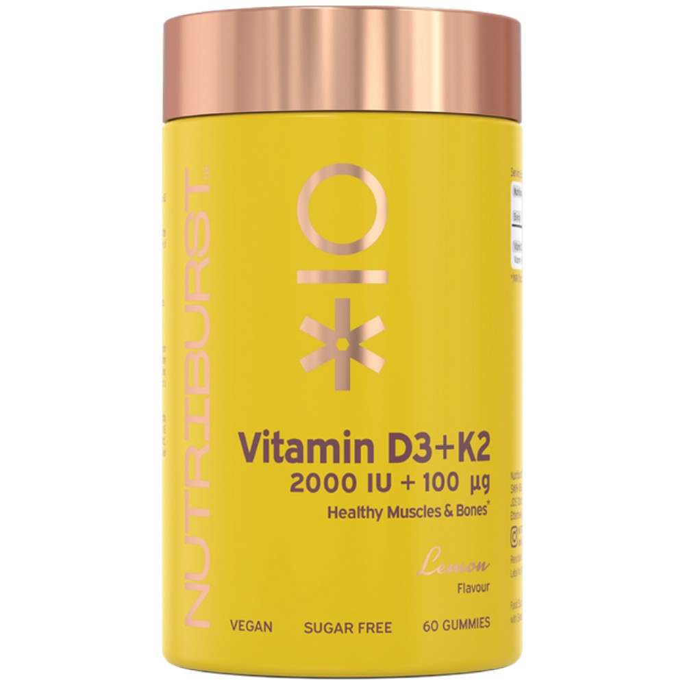 A yellow bottle of NutriBurst Vitamin D3+K2 gummies with a metallic rose gold cap, shown on a plain white background.