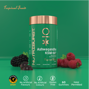 Nutriburst Ashwagandha KSM-66 Gummies bottle, tropical flavour, 60 count.