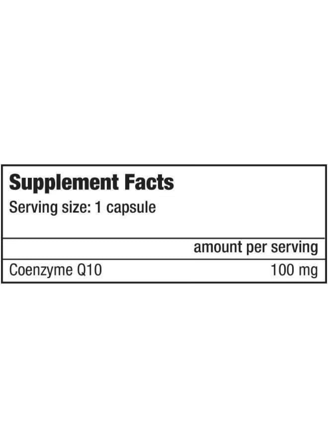 Supplement facts label highlighting 100mg Coenzyme Q10 per serving.
