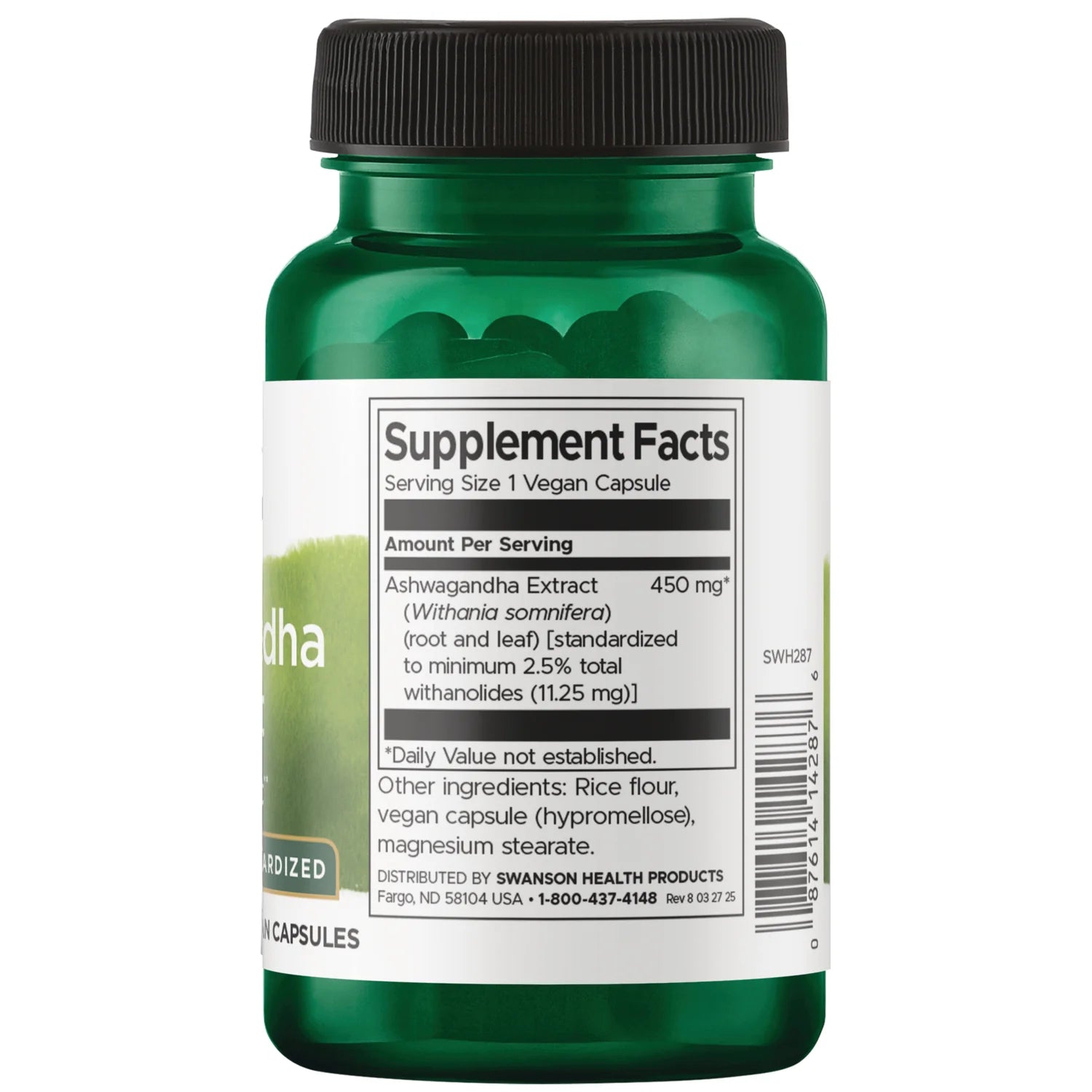 Swanson Ashwagandha Extract 450mg capsules supplement facts ingredients & barcode label bottle 60 capsules