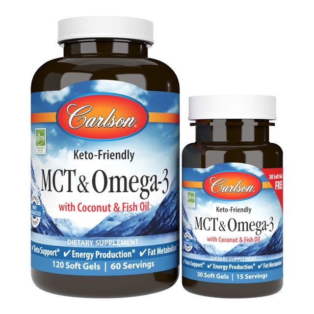 Front image: Carlson MCT Omega 3 softgels coconut oil fish oil bottle 150 count
