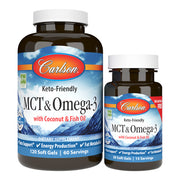 Front image: Carlson MCT Omega 3 softgels coconut oil fish oil bottle 150 count