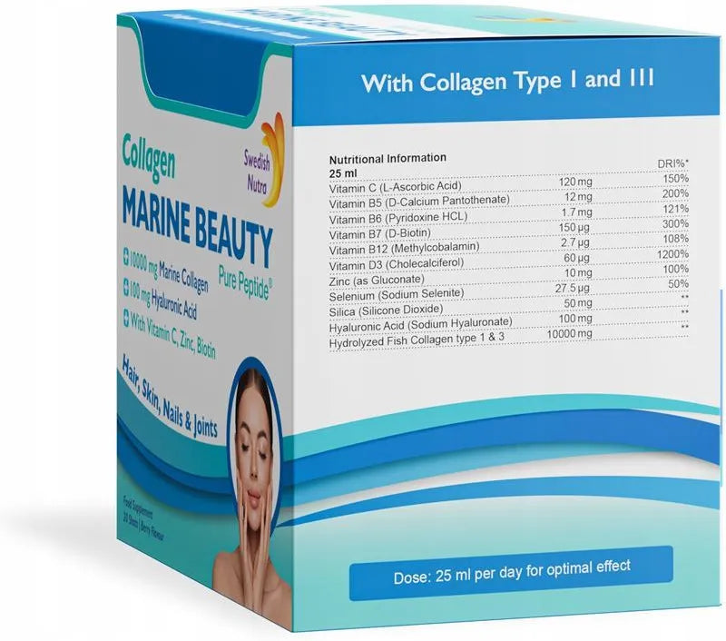 Side image: Swedish Nutra Marine Collagen Beauty Shots berry flavour 20 x 25ml pack