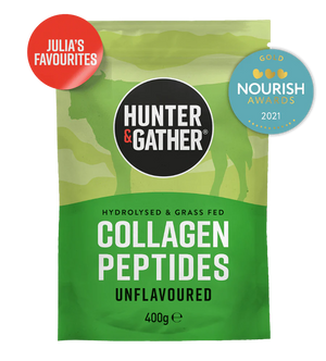 Green package of Hunter & Gather collagen peptides with branding and award badge on a white background