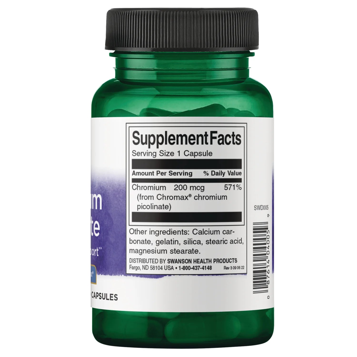 Swanson Chromium Picolinate 200mcg 60 capsules supplement facts label