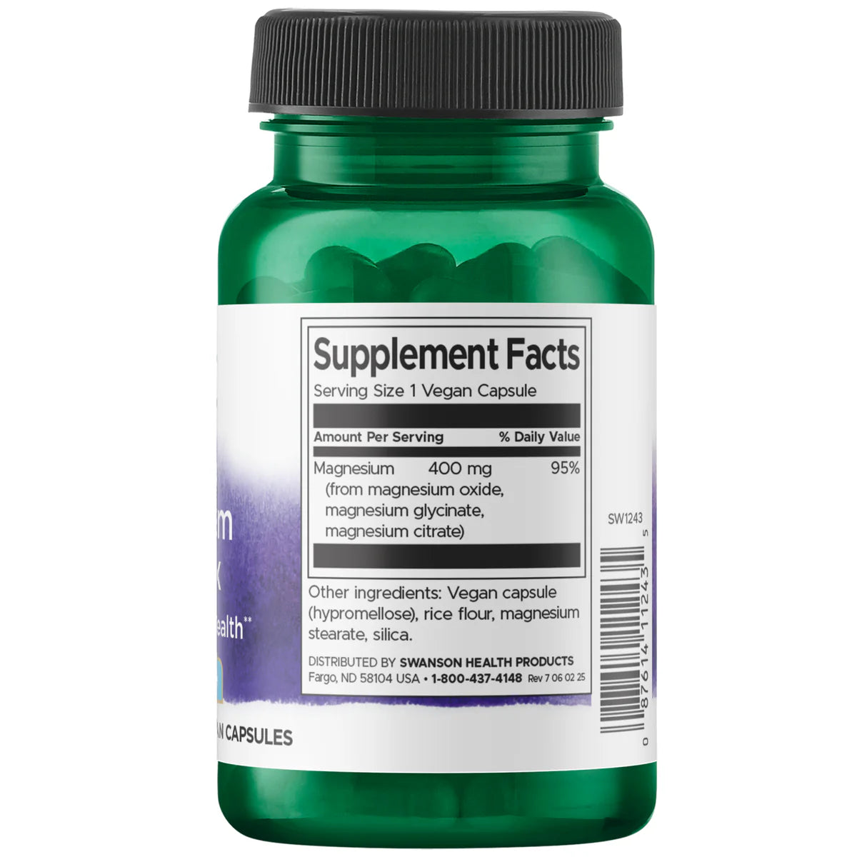 Back: Supplement facts & ingredient label for magnesium complex showing 3-source blend.