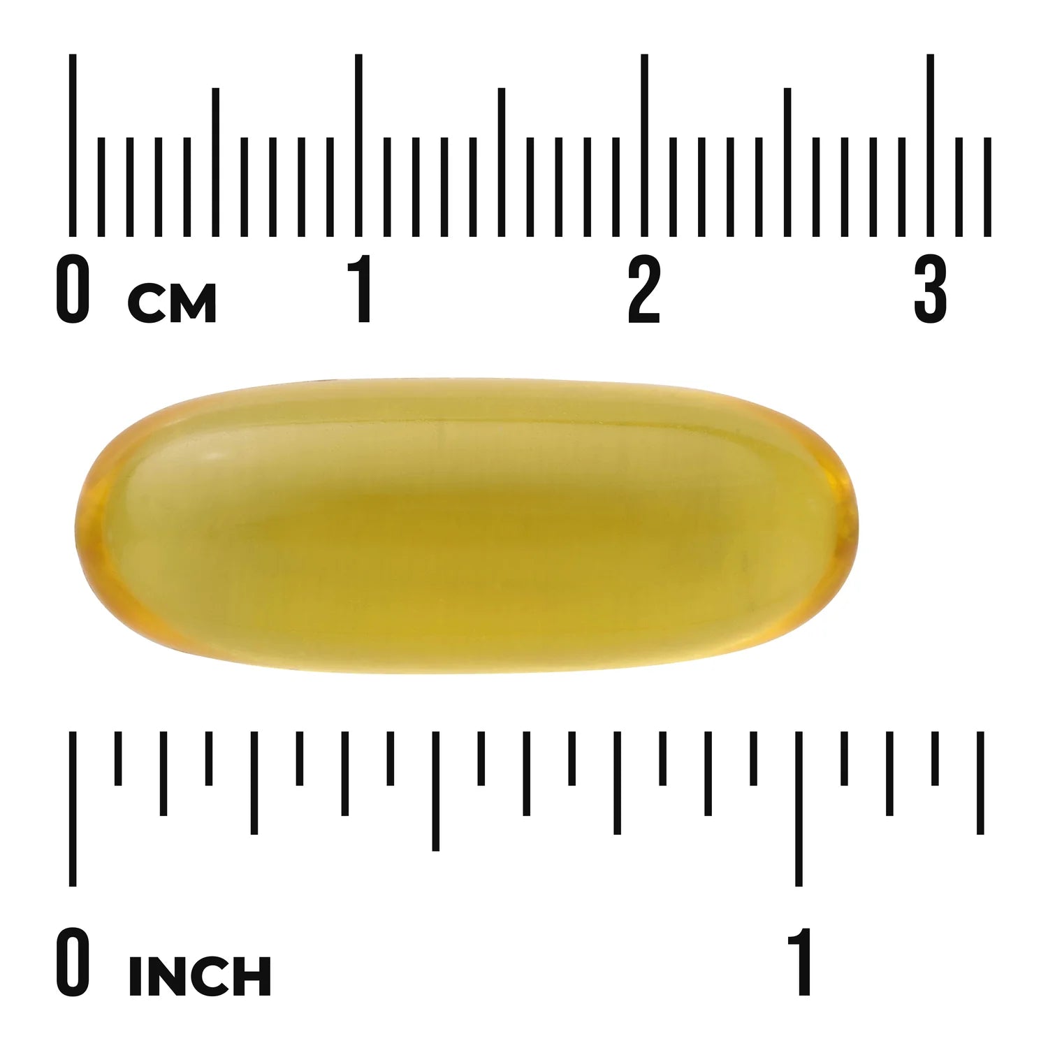 Swanson MultiOmega 3-6-9 Flax Fish & Borage Oil Softgels softgel size comparison with measurement scale