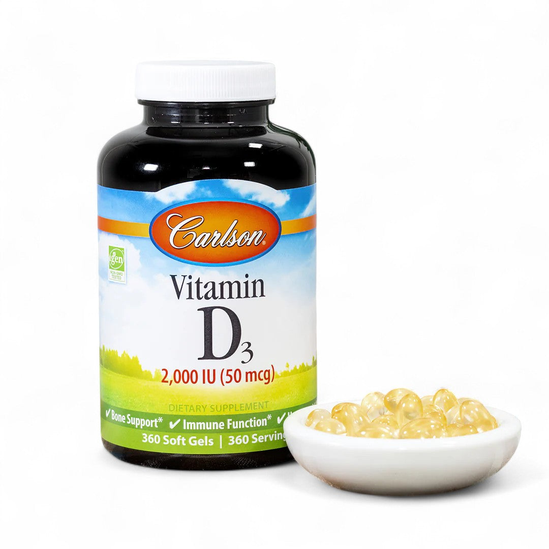 Front image: Carlson Vitamin D3 2000 IU softgels bottle gluten free 360 count