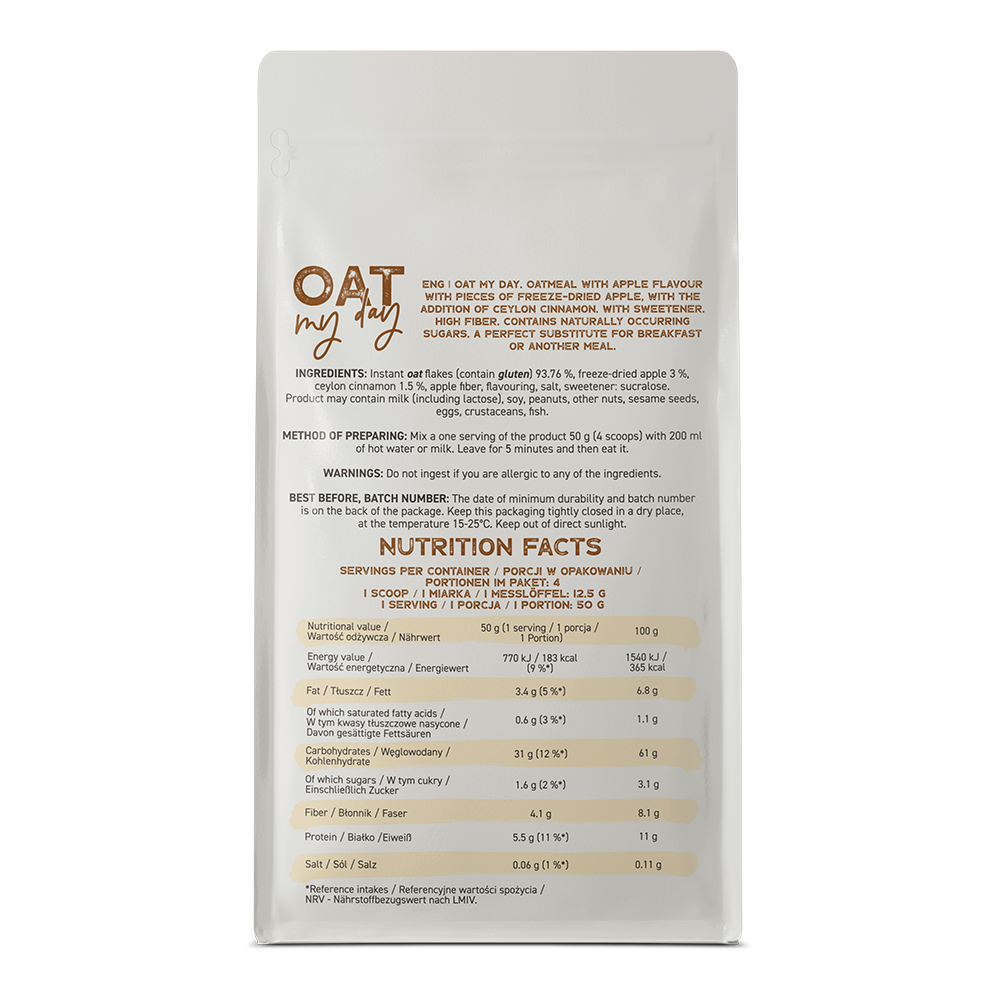 Supplement facts & ingredients image: OstroVit oatmeal apple cinnamon ingredients label pouch 200g