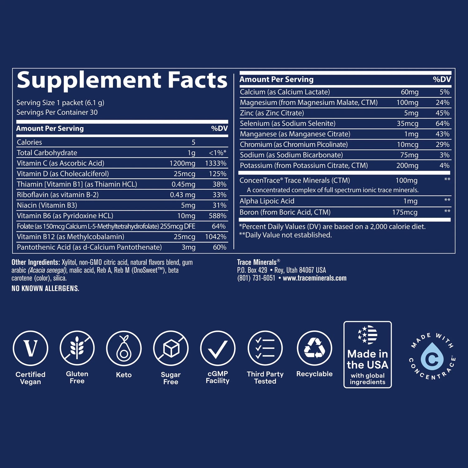 Supplement Facts Image: Trace Minerals Power Pak citrus sugar free supplement facts ingredients packets 30 count